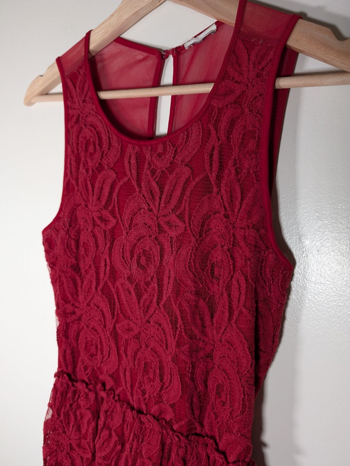 No label red lace blouse - appears small (Minor Flaw)