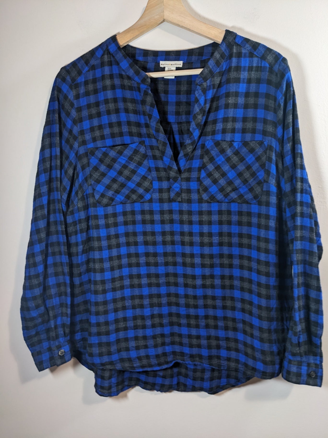 mercer & madison blue & black checkered blouse - M