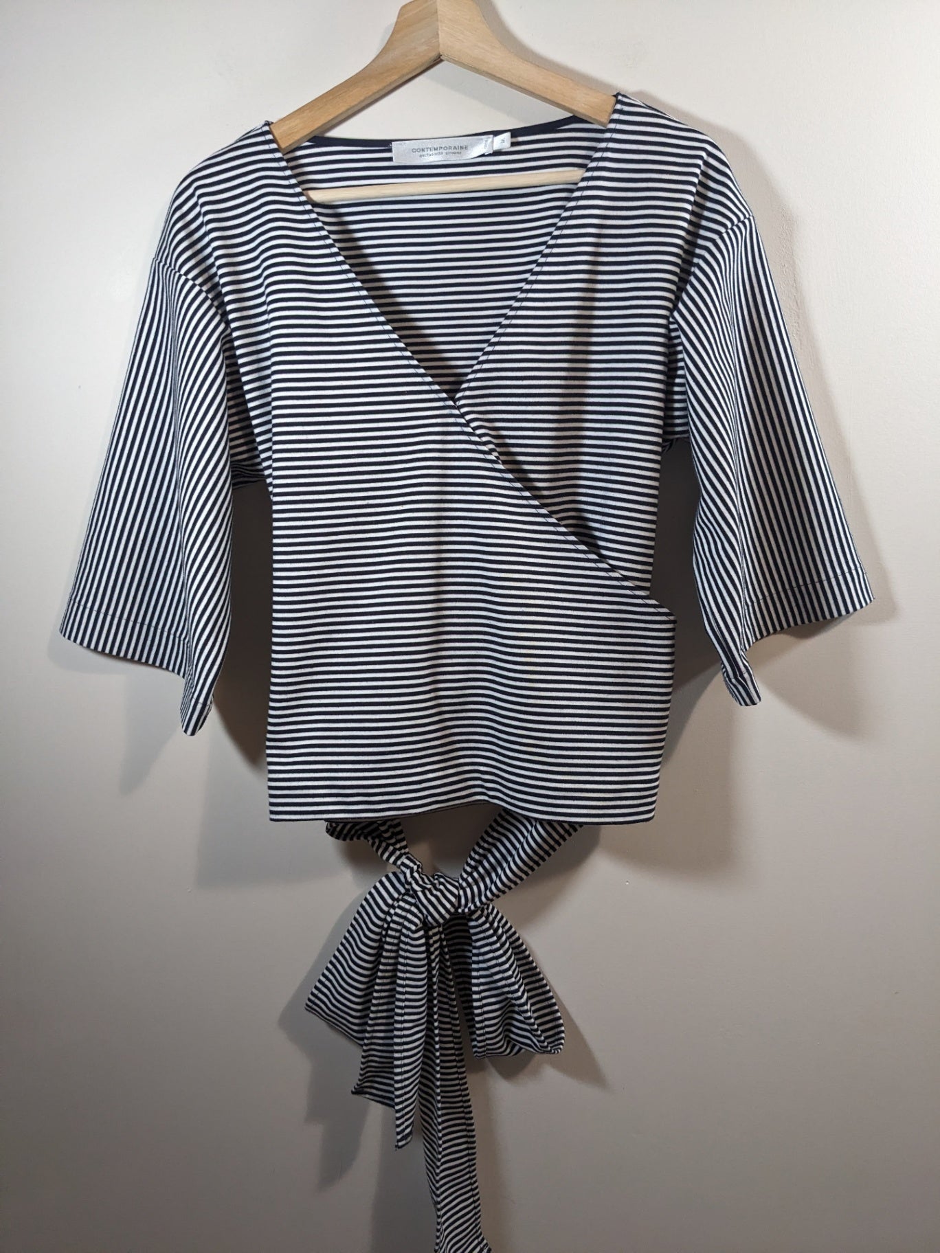 Contemporaine Striped Faux Wrap Blouse - L