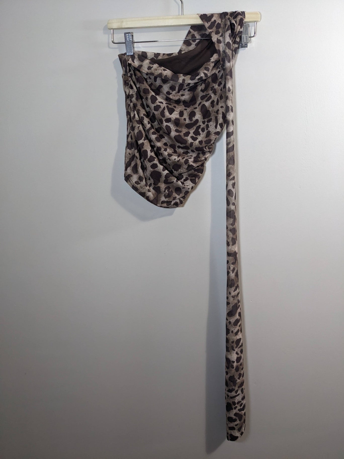 Leopard Print One Shoulder Scarf Blouse - S