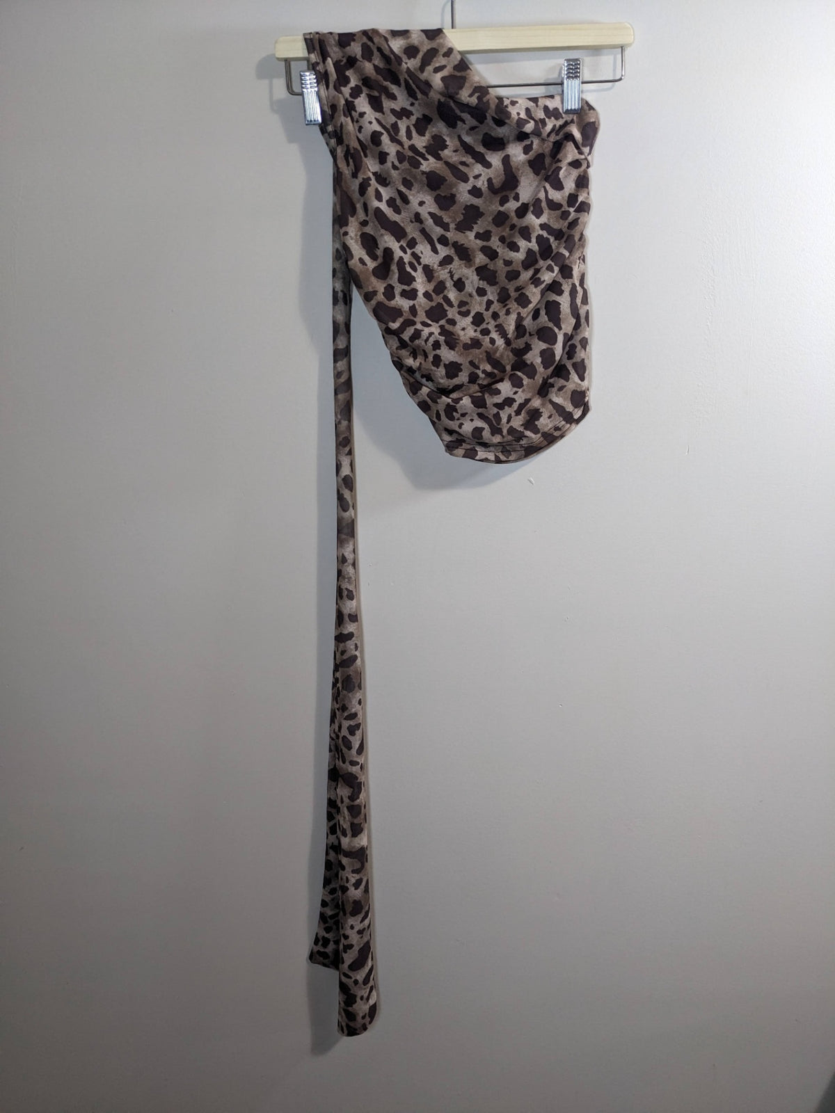 Leopard Print One Shoulder Scarf Blouse - S