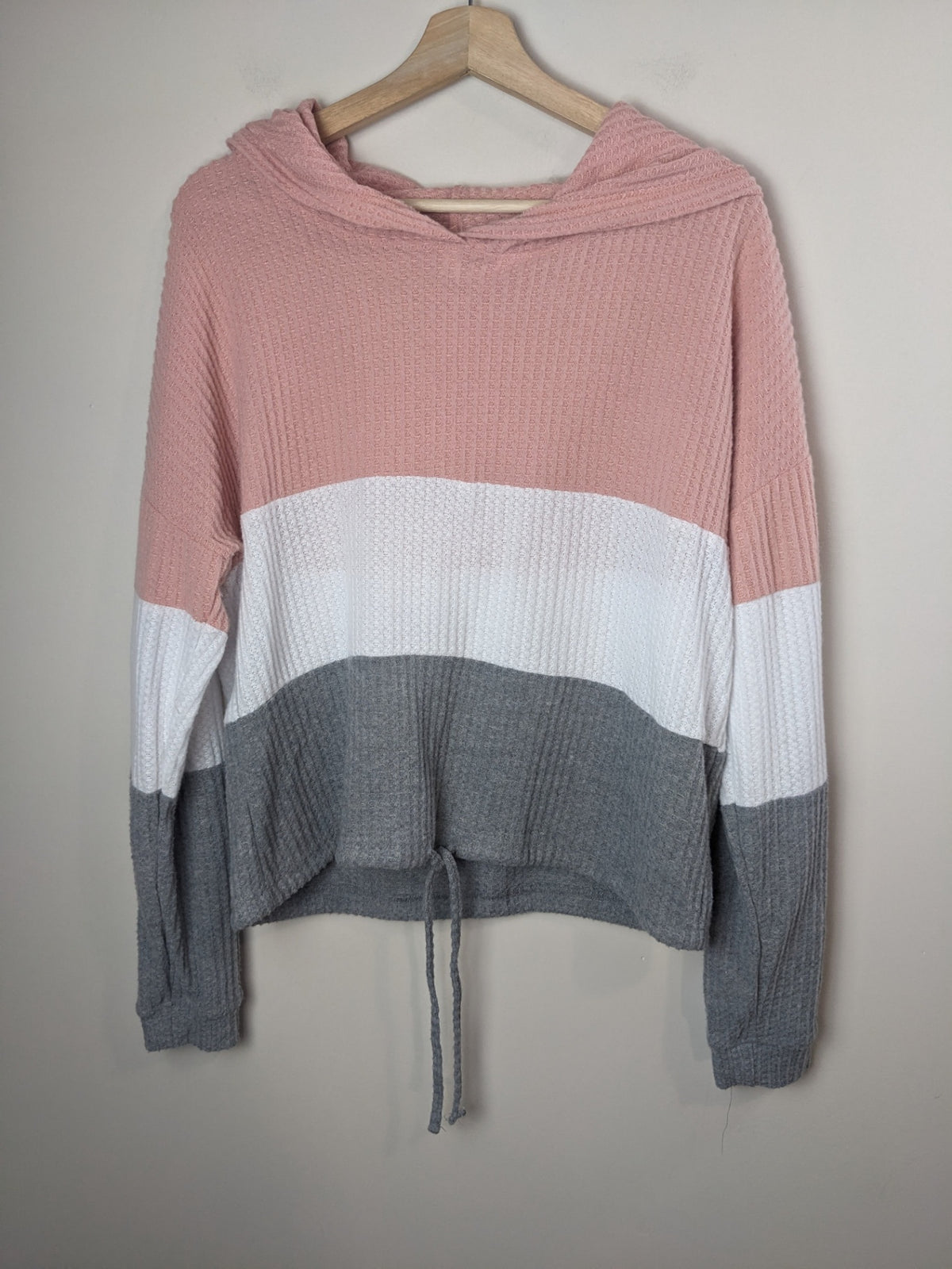 Ardene Knit Pink & Grey Striped Hoodie - L
