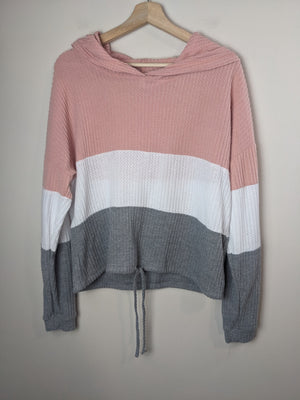 Ardene Knit Pink & Grey Striped Hoodie - L