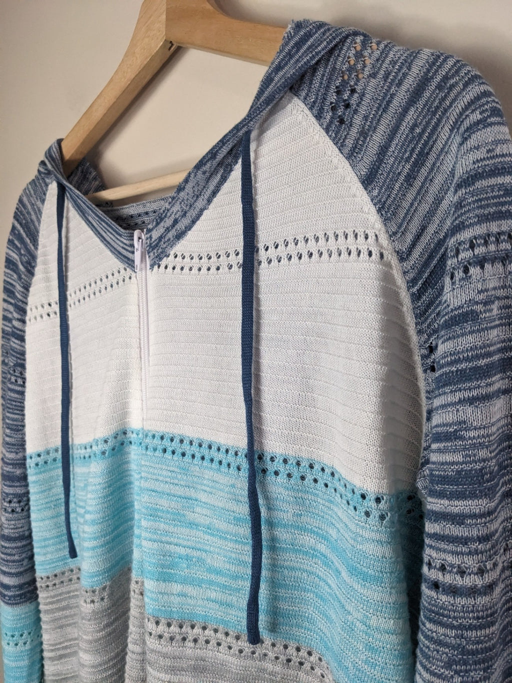 Blue Striped Zip Up Knit Hoodie - L