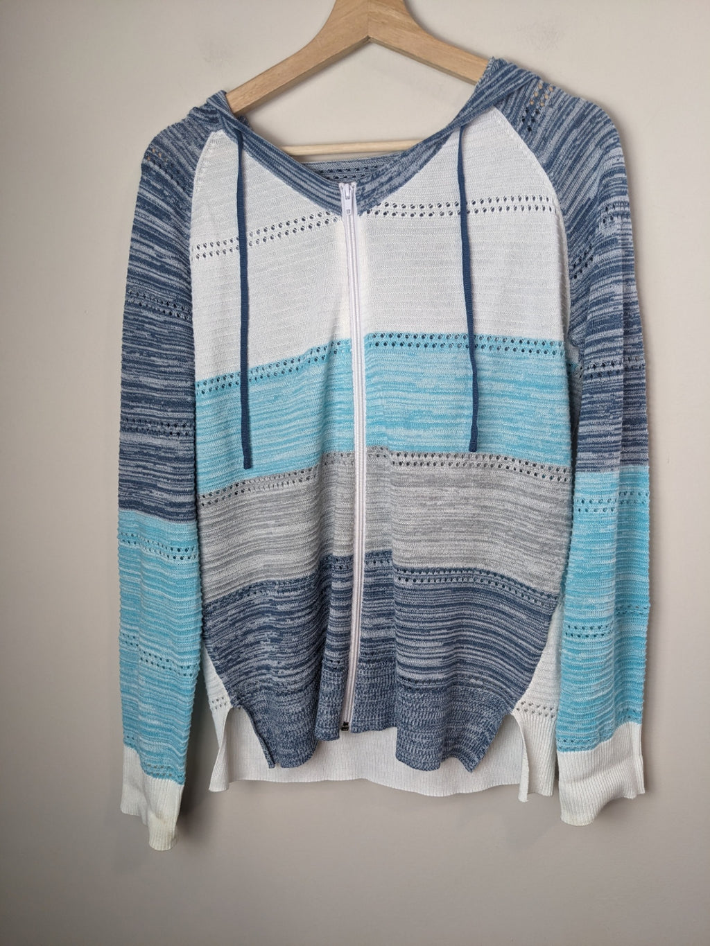 Blue Striped Zip Up Knit Hoodie - L