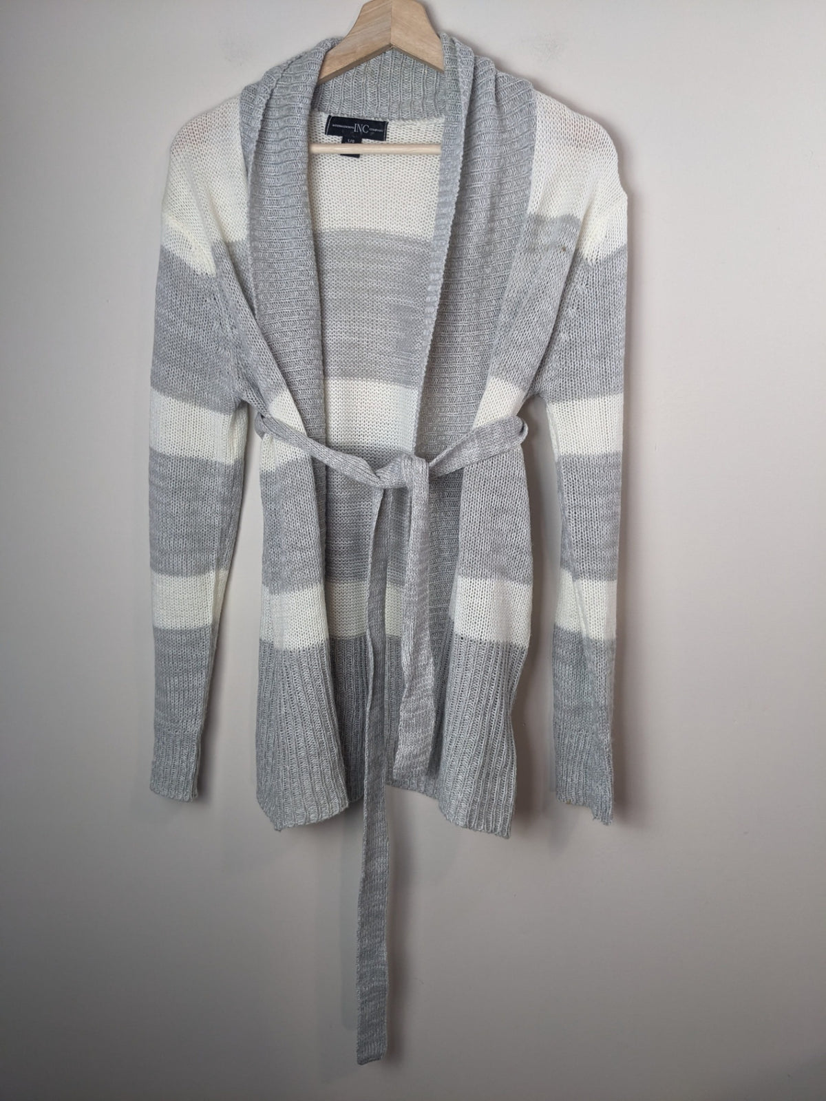 INC International Company Grey Striped Belted Cardigan - L